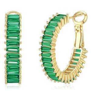 14K Yellow Gold with Emerald Green Cubic Zirconia Drop Hoop Leverback Earrings